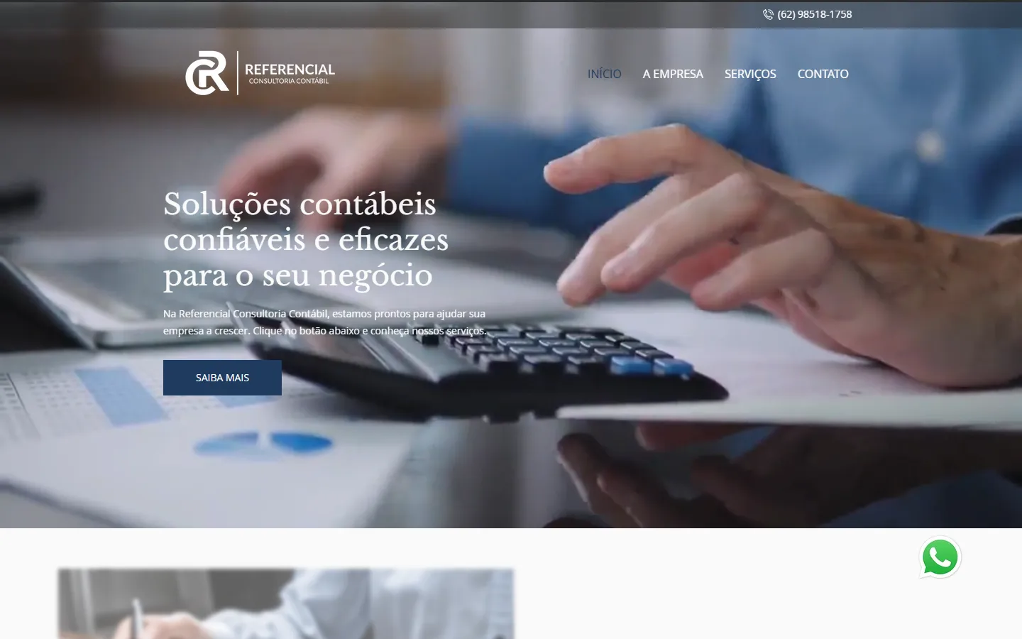 Página inicial do site da Referencial Consultoria Contábil no computador, com o título “Soluções contábeis confiáveis e eficazes para o seu negócio”.
